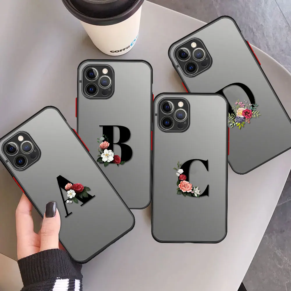 

Fashion 26 Letter A B Flowers Skin Feel Matte Phone Case For iPhone 11 12 Pro Max XS XR X 7 8 6 Plus 5 SE Frosted Back Cover