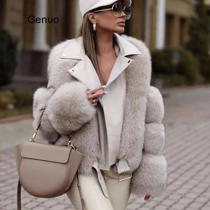High Quality Furry Cropped Faux Fur and Leather Patchwork Jacket Women Short Coat Fake Fox Outwear Winter Overcoat | Женская одежда