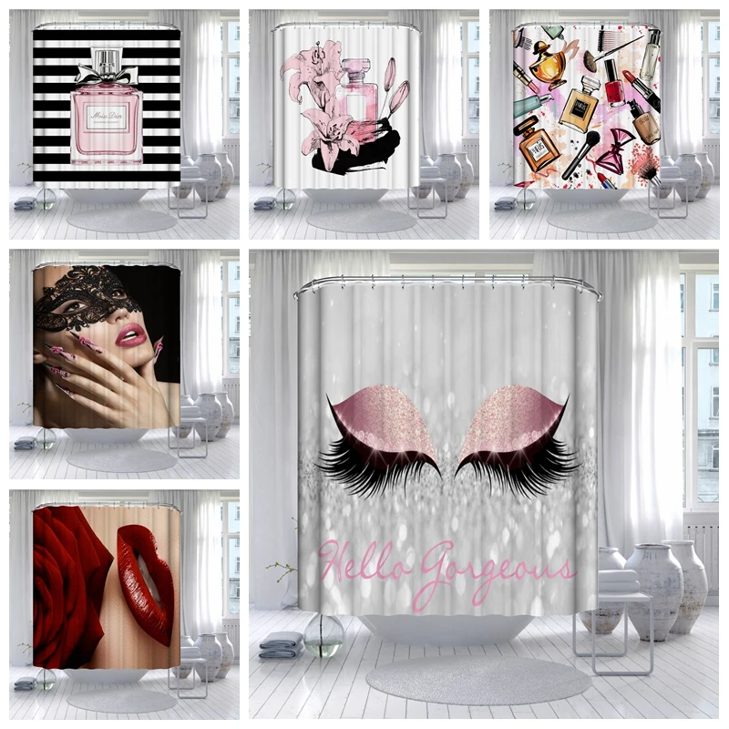 Red Lip Black White Stripes Bath Curtain Durable Fabric Shower Curtain Girl Toilet Pink Perfume Bottle Lipstick Home Cute Decor