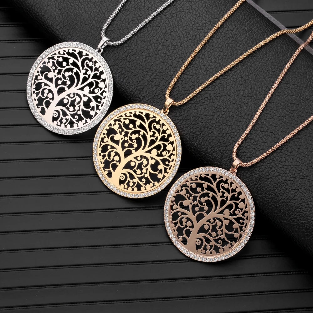 

Gold Silver Color Tree Of Life Necklaces for Women Big Crystal Round Pendant Long Necklace female Fashion Jewelry Gift 2021