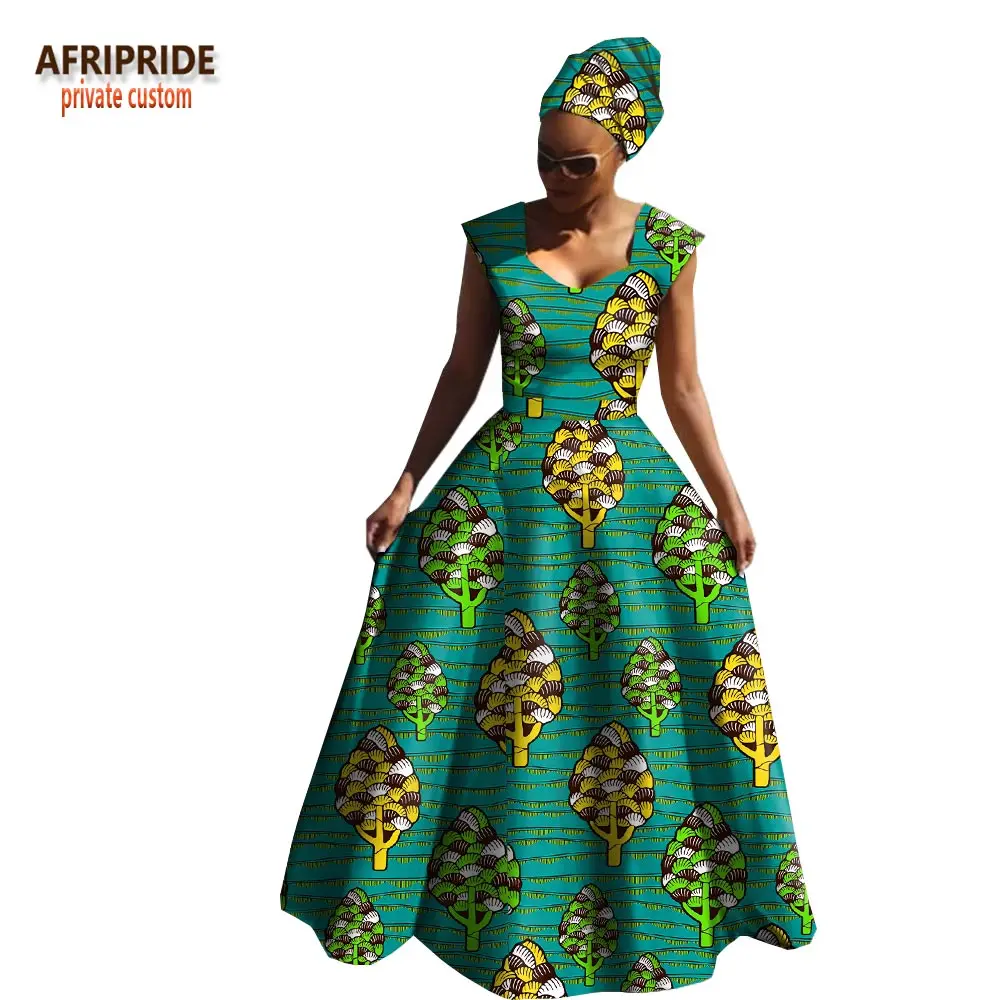 Afripride, Африканское весеннее Хлопковое платье для женщин, без рукавов, v-образный вырез, длина до пола, женское платье с повязкой на голову A1825039 - Цвет: 555J