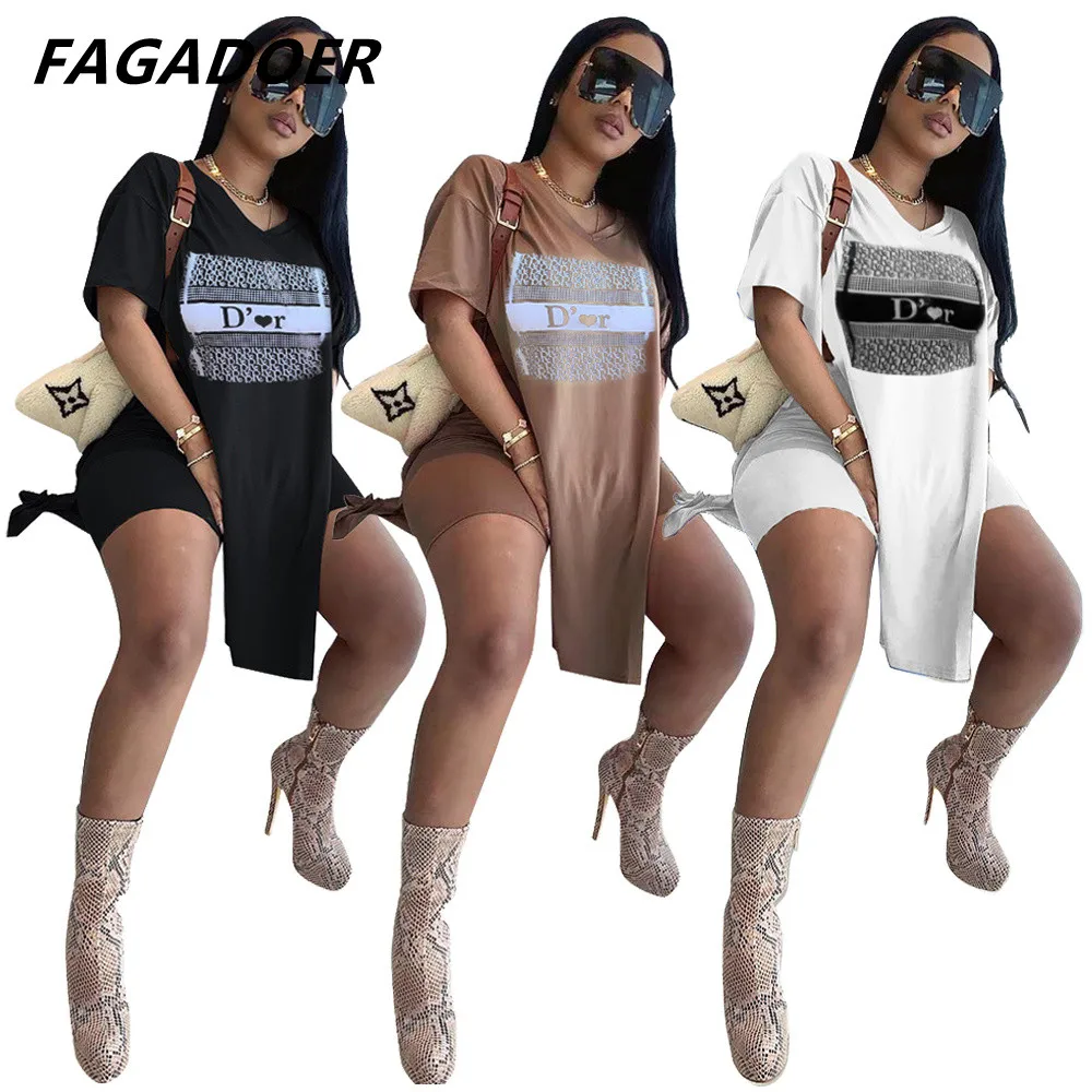 

Fashion Casual Two Piece Set Women Letter Print Side Slit Long Tshirt & Biker Shorts Sets Casual Streetwear 2pcs Outfits Suits