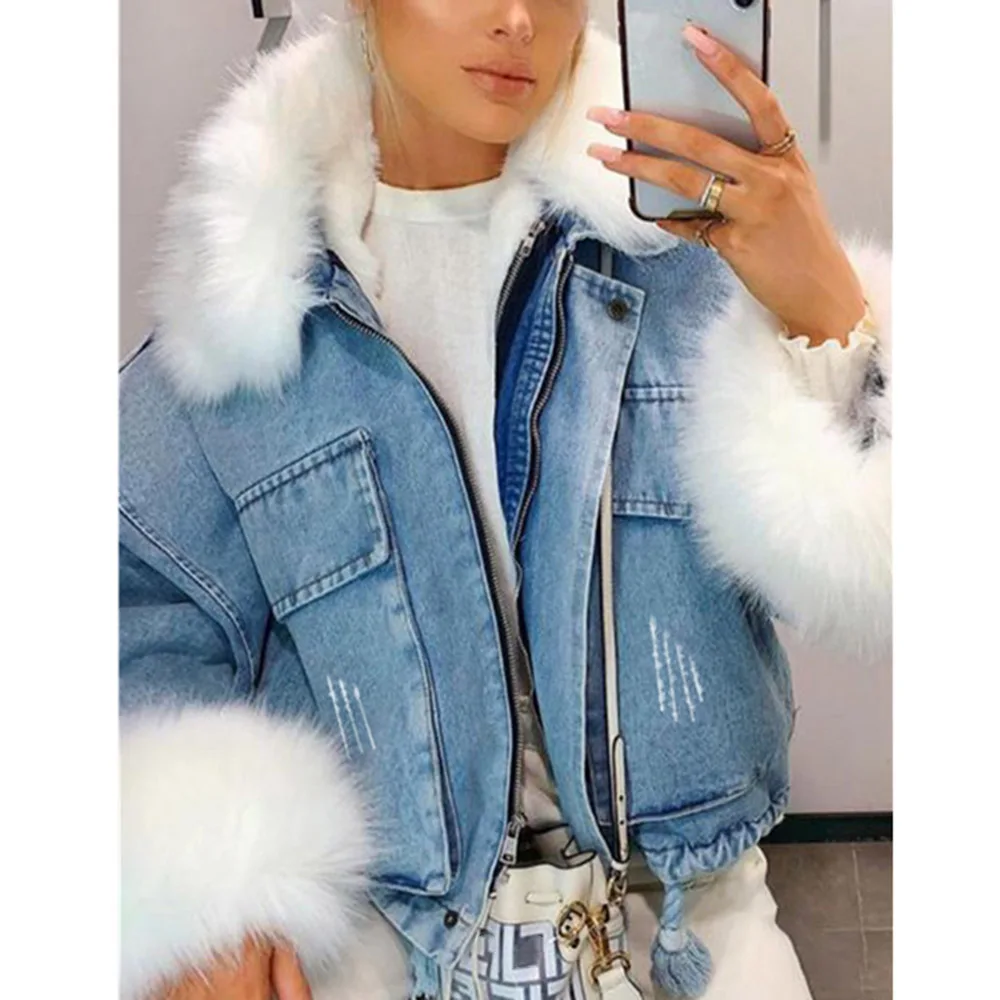 

2021 Fashion Denim Jacket Women's Loose Fur Collar Short Jackets Temperament Lapel Denim Bottoming Top Trend