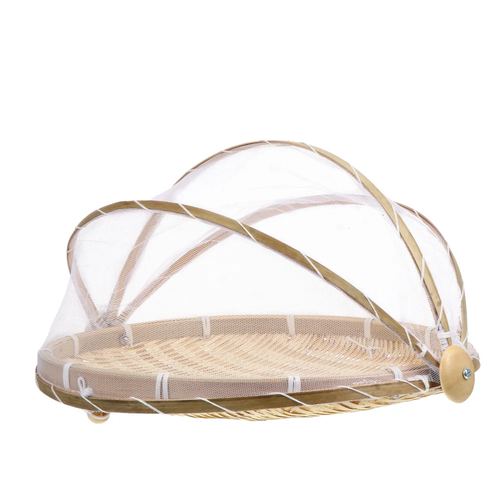 

1pc Handwoven Bamboo Basket Fruit Bread Tray Outdoor Picnic Mesh Cover Basket