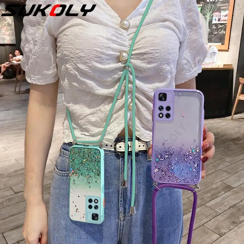 Hang Neck Strap Lanyard Glitter Clear Case For Xiaomi Redmi Note 10 Pro 9 8 Mi 11 Lite 5G NE Poco F3 X3 M4 M3 Pro Sequin Case