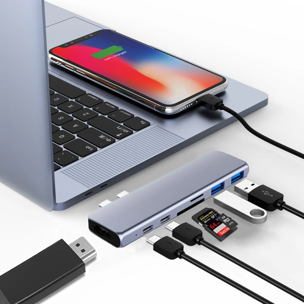 USB C концентратор type C Thunderbolt 3 адаптер USB-C док-ключ с HDMI 4K PD USB 3,0 SD TF кард-ридер для MacBook Pro Air 13 15