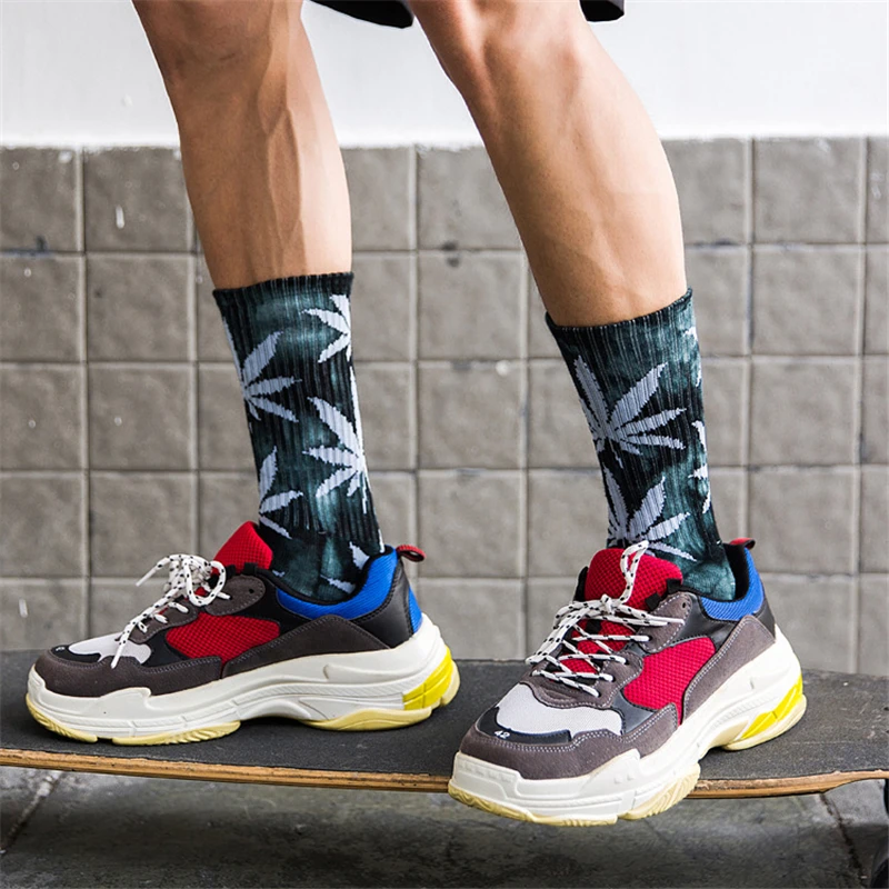 Enlarge 5 Pairs/Men's Socks High Quality New Fall/Winter Thicker Cotton Tie-dyed Maple Leaf Print Sports High Socks Man Skateboard Socks