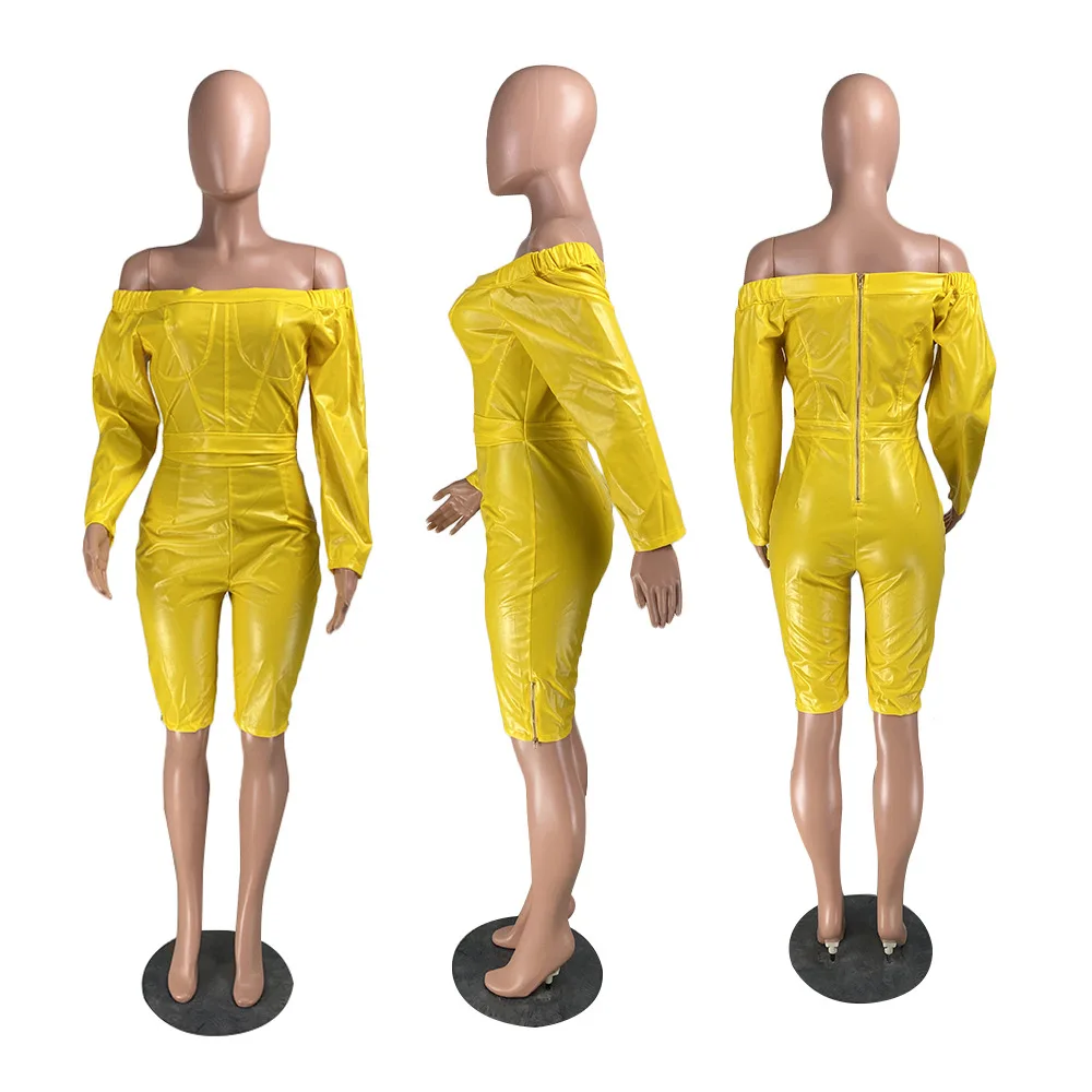 

Womens Sexy Skinny Playsuit Slash Neck Fake Zippers Bandage One Piece Overall Full Sleeve High Waist PU Wear