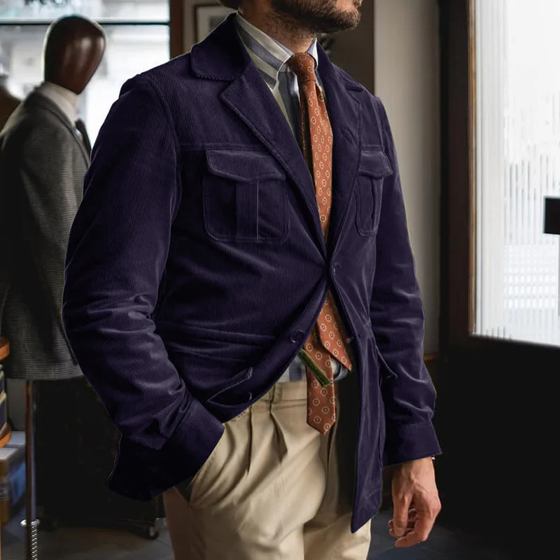 

New 2020 Men's Suit Solid Lapel Button Pocket Decor Corduroy Autumn Winter Male Blazers Solid Color Business Casual Male Coat