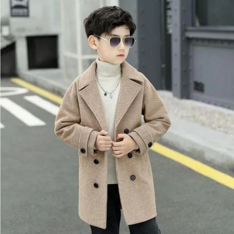 Winter Boys Fashion Solid Color Wooled Coat Teenager Long Warm Windbreaker Children Thick Wool Jacket Kids Daily Outerwear 6-14y