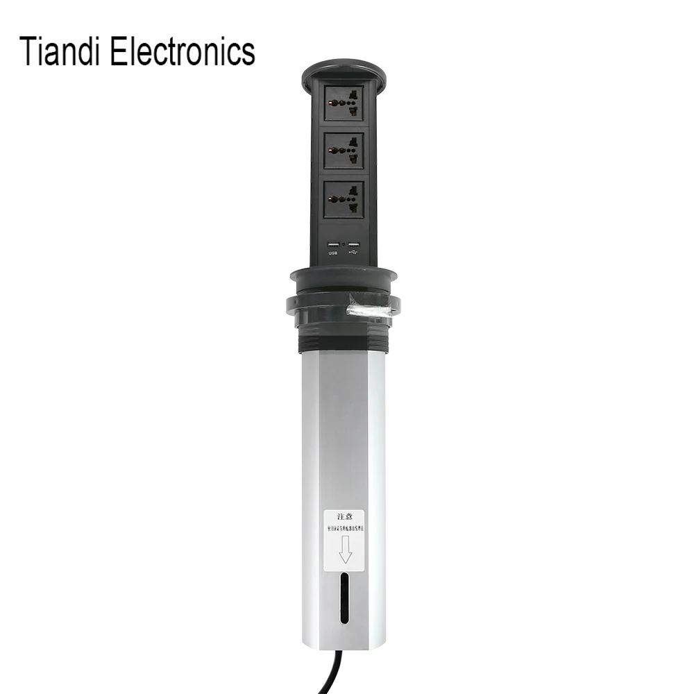 

Black USB Charger power outlet 3-bit universal power plug pneumatic pop up retractable tabletop socket for home office kitchen