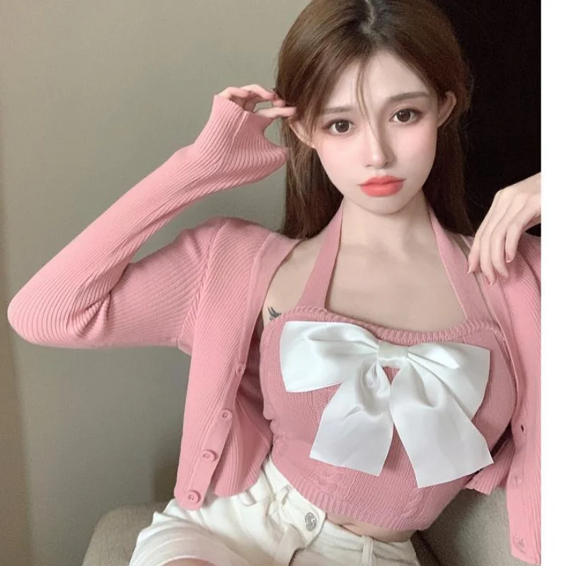 

Women's Clothes Sexy Sweater Suit Female 2022 Spring Autumn Winter Fashion Short Sweater Hot Girl Bow Camisole Two-piece Suit