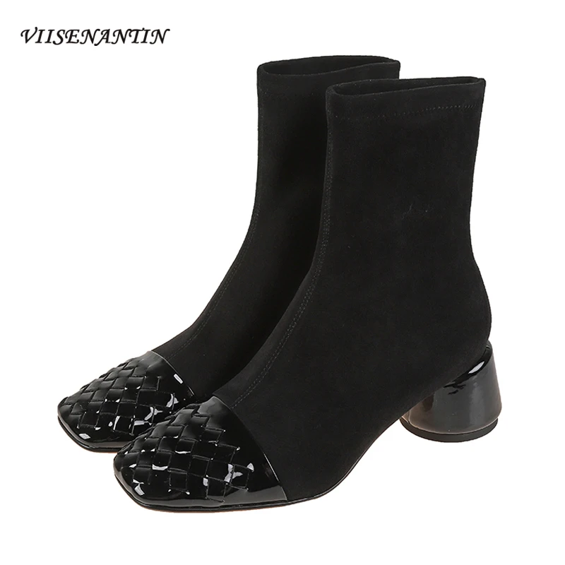 

Осенне-зимние новые черные плетеные однотонные бархатные индивидуальные студенческие Модные женские ботильоны с квадратным носком