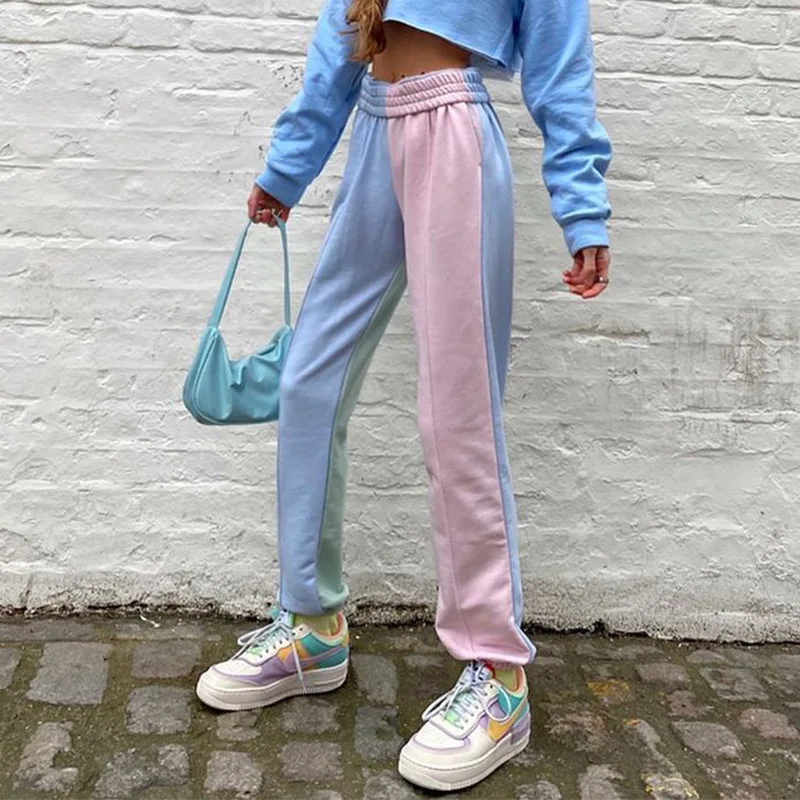 Contrast Color Baggy Women Jogger Sweatpants Casual Pink Blue Patchwork High Waist Trousers Female Hip Hop Streetwear