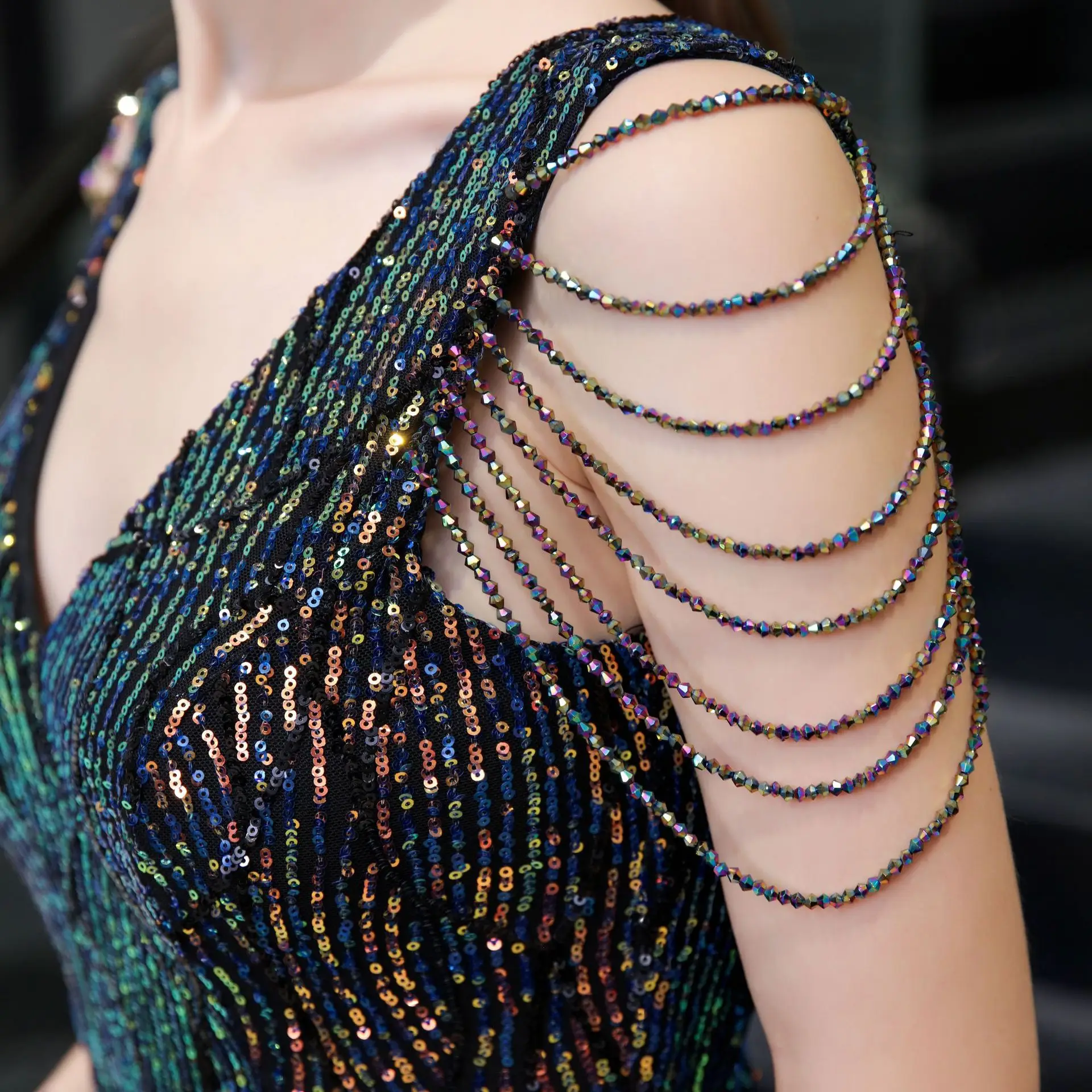 

Colorful Sequin Mermaid V Neck Evening Dress 2020 Sexy Front Split Long Zipper Back Floor Length Beaded Off Shoulder Prom Gown