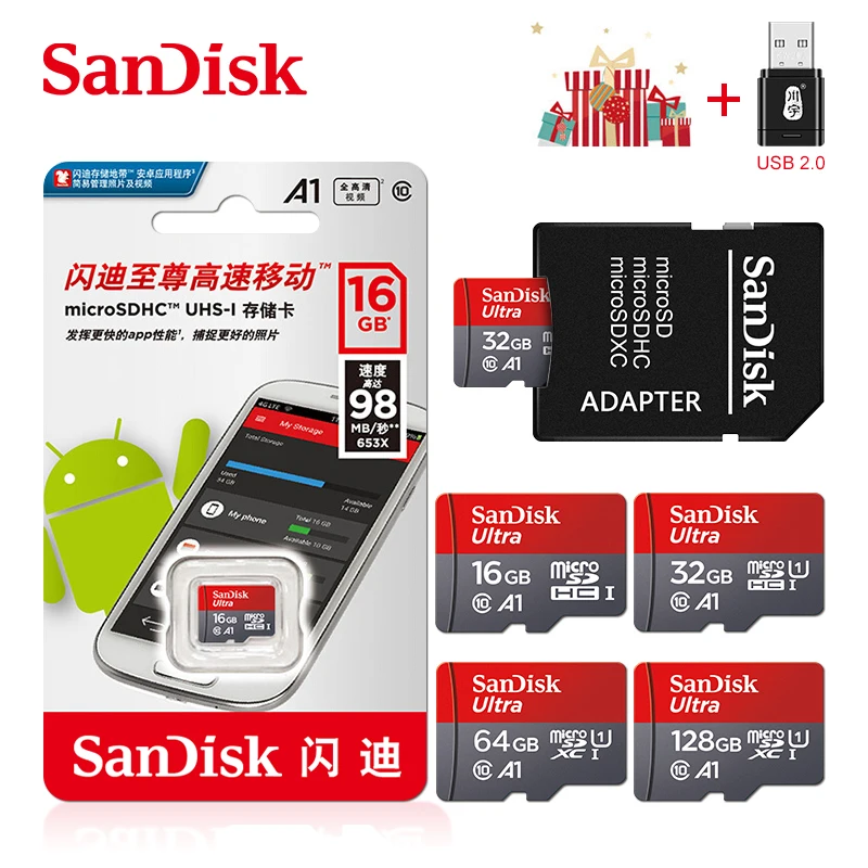 

Original SanDisk A1 Memory Card 128GB 64GB 98MB/S 32GB 16gb Micro sd card 256gb Class10 flash card Memory Microsd TF/SD Cards