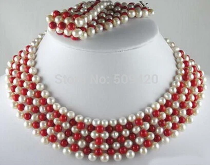 Бесплатная доставка&gt 7 рядов настоящий белый жемчуг красный коралл ручной вязки