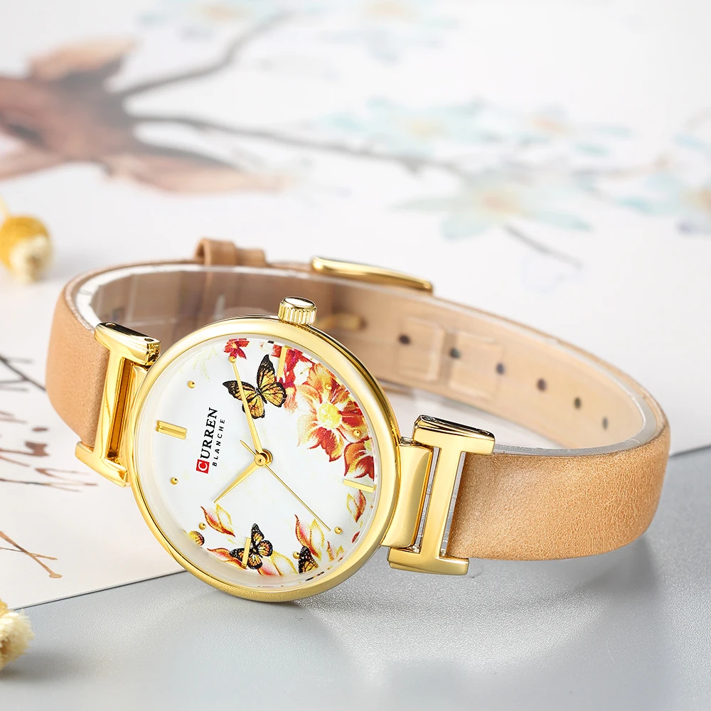 

CURREN Leather Women Watch 2019 Summer New Quartz Ladies Wristwatch Relojes Female Clock Fashion Flower Dial Reloj Mujer