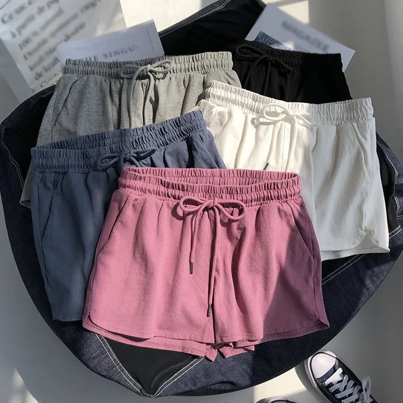 

Female Elastic Waist Sports Loose Solid Color Cotton Blend Comfortable fashionable Shorts