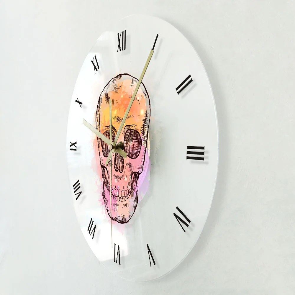 Часы настенные акриловые с черепом и винтажными римскими цифрами|Настенные часы|