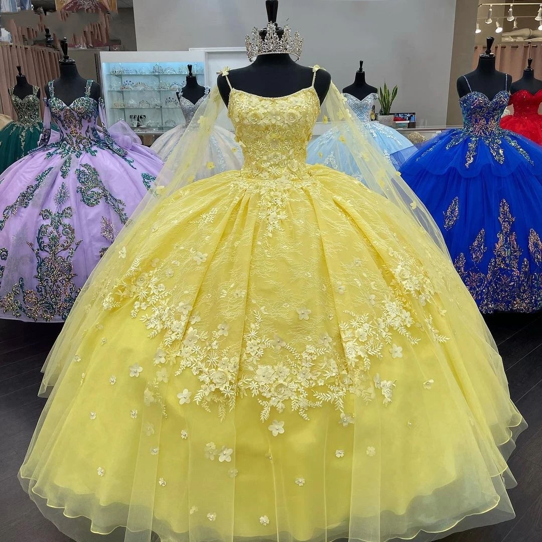 

Yellow vestidos de 15 años 2022 Puffy Quinceanera Dress Basque Sweet 16 Dress with Detachable Cowl Cape Long Prom Gown Spaghetti