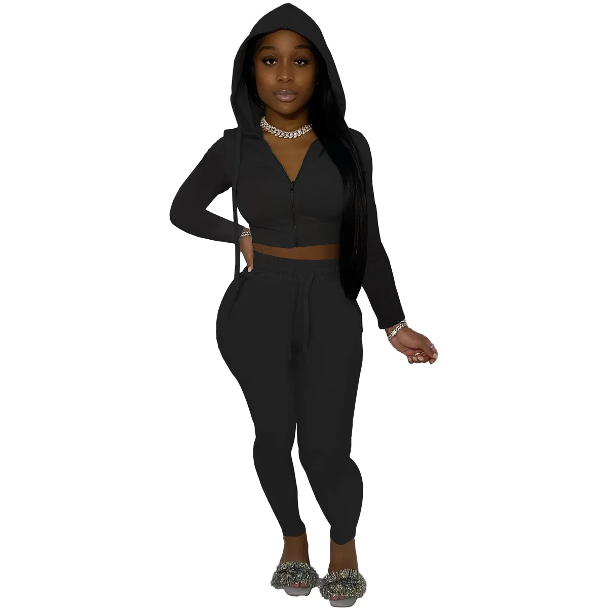 Осенний однотонный костюм для фитнеса с длинным рукавом и молнией женские