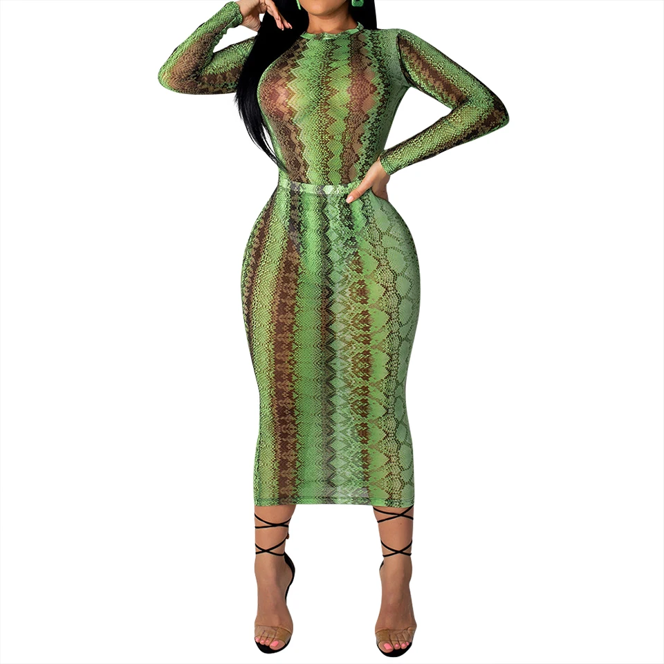 

Women Sexy See Through Snakeskin Print 2 Piece Dress Ladies Long Sleeve Bodycon Bodysuit+Midi Set Party Club Dresses