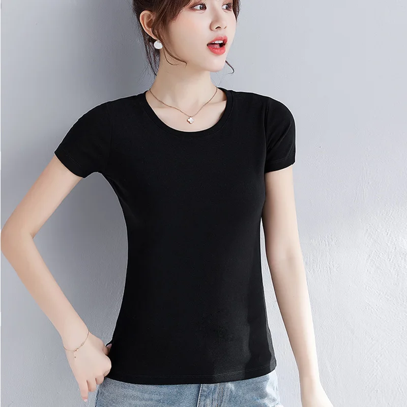 

Basis Leven Women Cotton T-shirt Short sleeve O-neck Solid color Office Lady Top All Match Women Basic T-shirt