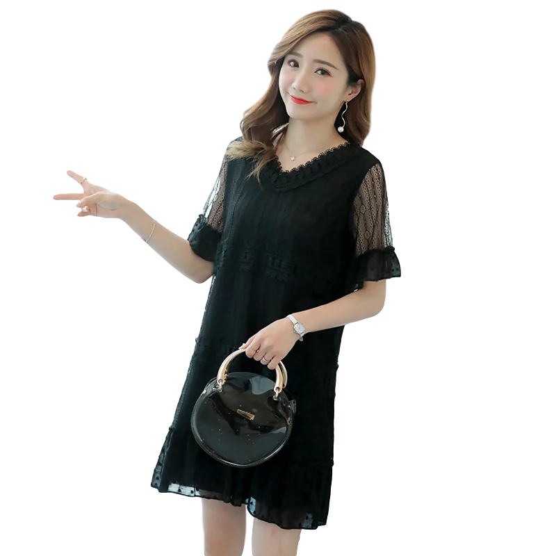 

2021 Popular Summer Skirt New Women's Large Size Loose Fairy A- line Skirt Short Sleeve Fresh Lace Dress