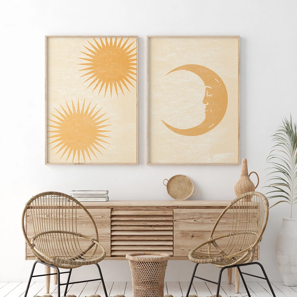 

Sunshine Moon Smile Mid Century Modern Minimalist Artwork Room Art Prints Set Of 2 Print Typography Painting No Frame Pictures