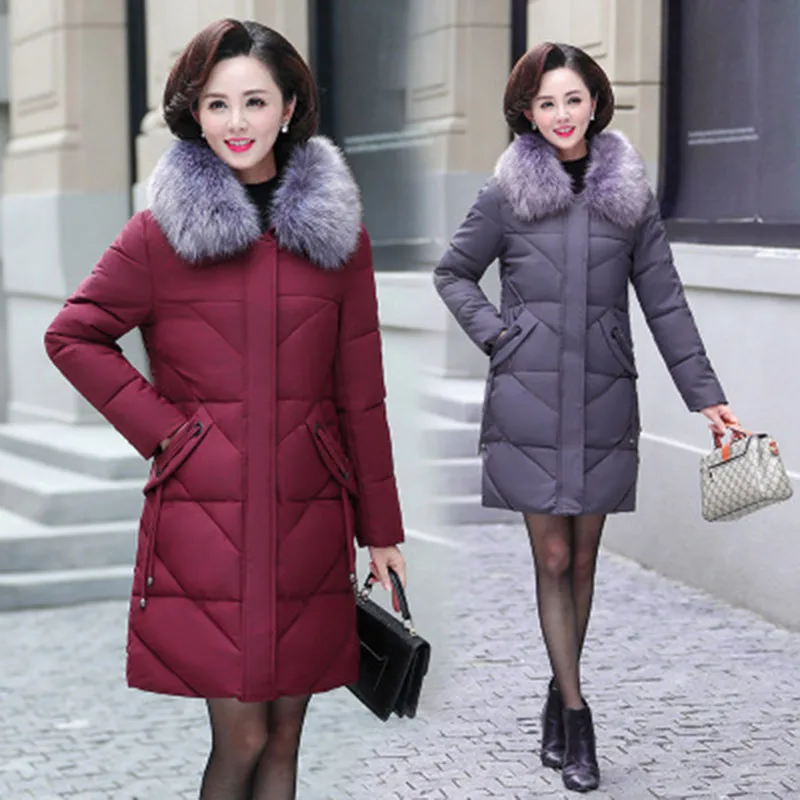 Winter Women's Jacket Middle-aged Long Cotton Thicken Hooded Fur Collar Cotton Park as Women's Winter Coat Plus Size XL-8XL