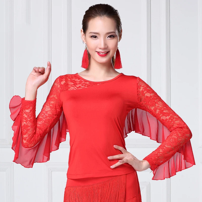 Топ для бальных танцев Женская Сексуальная кружевная рубашка с длинным рукавом