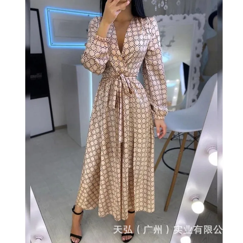 

Autumn Fashion Women Dress 2020 Print Sexy Deep V-neck Lantern Sleeves Sashes Slim Dress