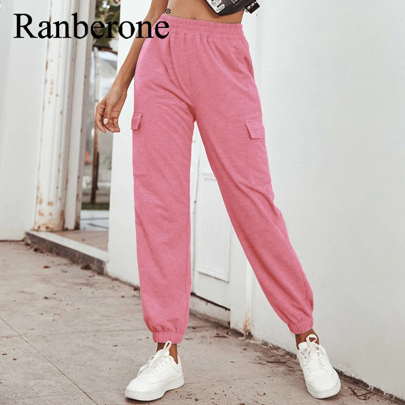 Ranberone High Waist Women's Pants Casual Loose Full Length Trousers Woman Fitness Sports Tights Fashion Stretch Streetwear 2020