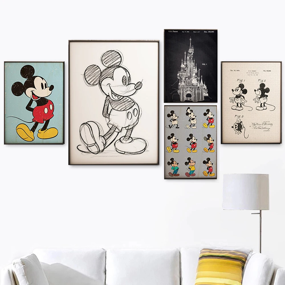 

Catoon Mickey Mouse Poster Disney Animated Character Canvas Painting Retro Wall Art Picture Print for Living Room Decor Cuadros