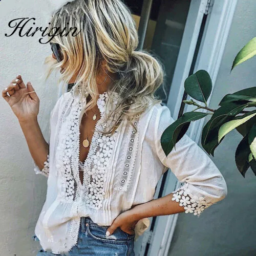 Женская кружевная блузка с цветочной вышивкой белая ажурная рукавами-фонариками