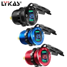 LYKAS QC 3.0 Car USB Charger Voltmeter Aluminum Alloy USB Power Adapter Outlet with LED Display for 12V 24V Motorcycles
