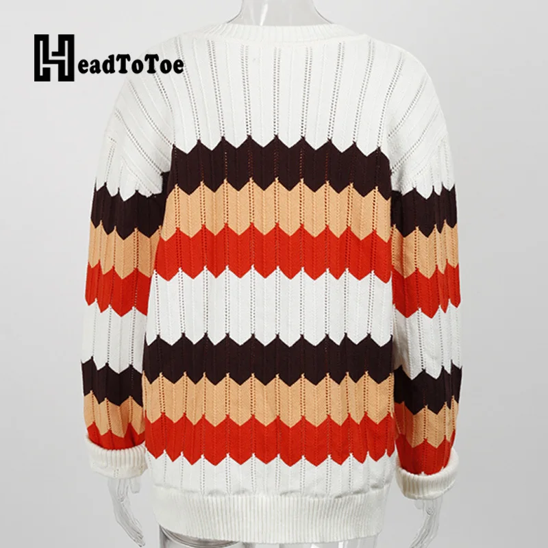 

Colorblock Striped Loose Casual Sweaters Women Long Sleeve Round Neck Knitted Pullover Tops