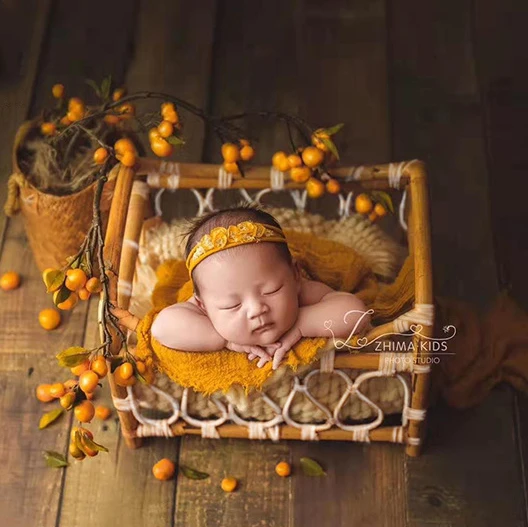 Baby Props Vintage Woven Rattan Basket Newborn Photography Props Basket Baby Posing Sofa Bed Accessoire 100 Days Shooting Props