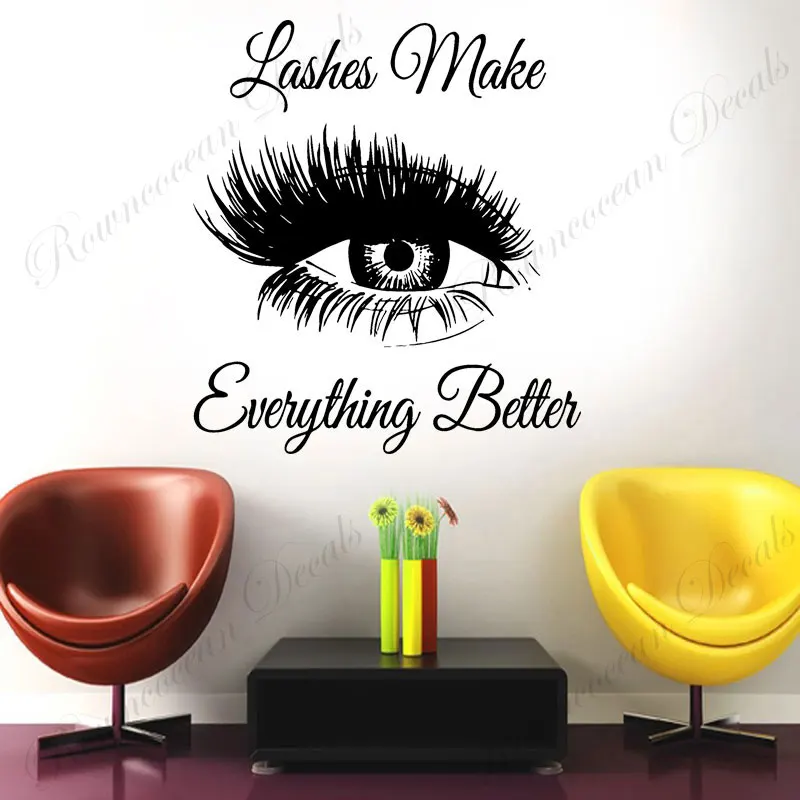 

Lashes Make Everything Better Quotes Wall Sticker Vinyl Beauty Salon Woman Face Eyelashes Eyebrows Brows Window Decal Mural S070