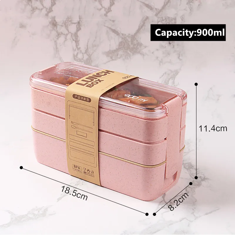 

900ml portable health material lunch box 3-layer wheat straw Bento Box microwave oven fruit salad office light meal box