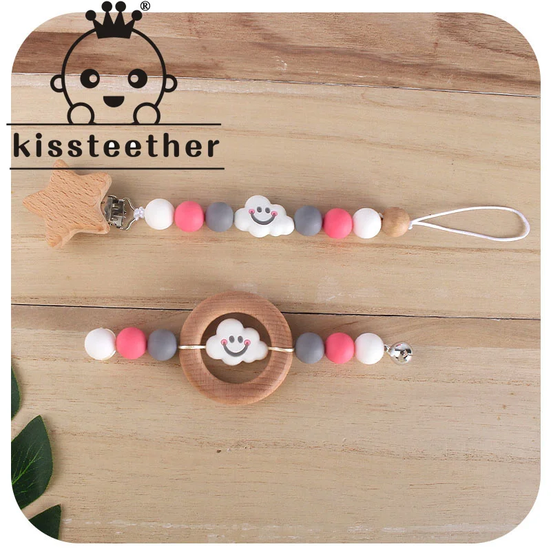 

Kissteether 1pc Baby Pacifier Chain + Wood Ring Silicone Cloud Bead Teether Set Infant Nipple Clip Holder Teething Soother Molar