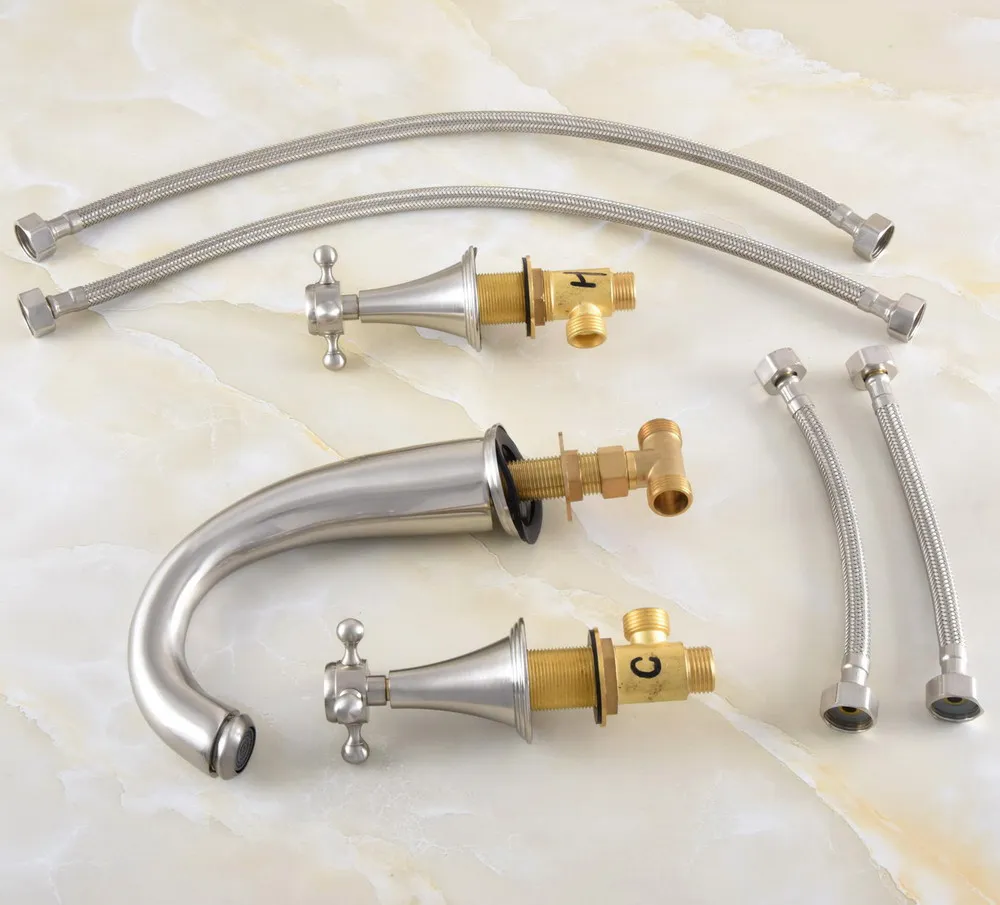 

Brushed Nickel Brass Deck Mounted Dual Handles Widespread Bathroom 3 Holes Basin Faucet Mixer Water Taps mnf681