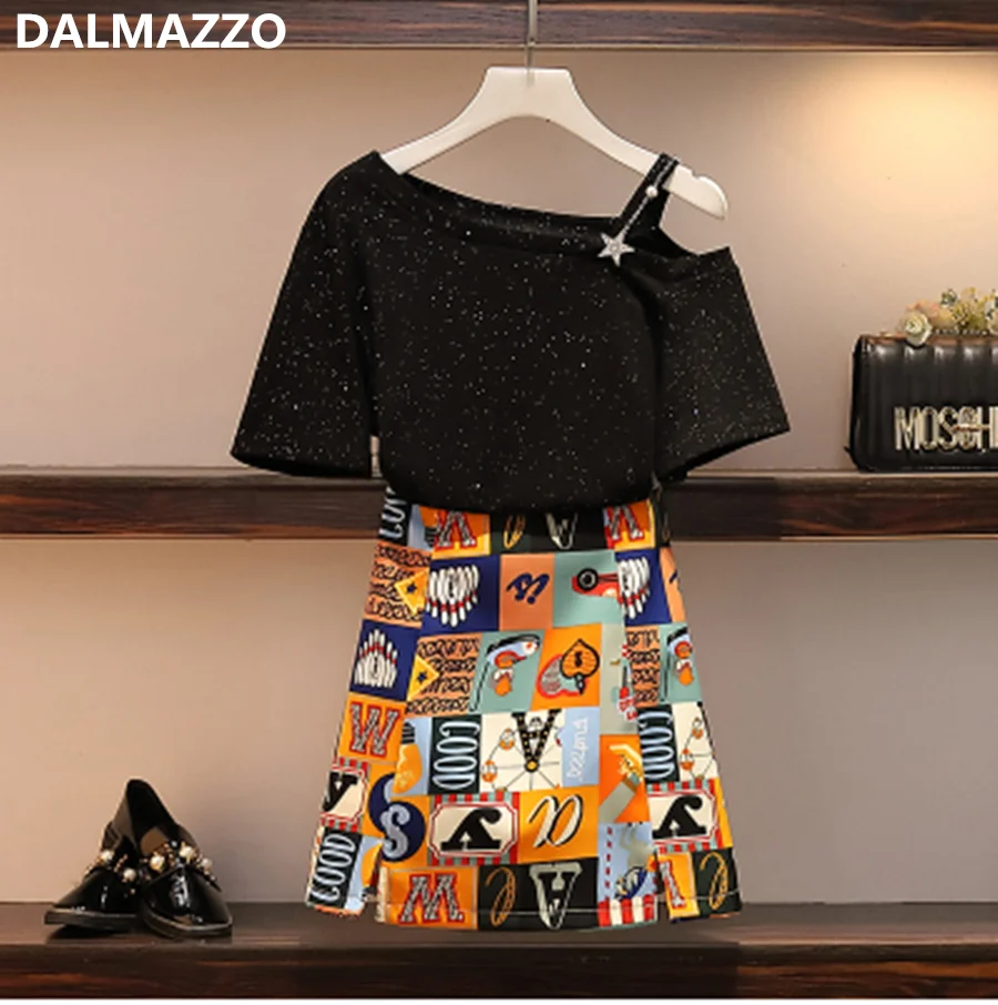 

M-4XL Fashion Women's Skirt Suits Clothing 2020 New Spring Summer Black Loose T-Shirt Tops + Printed Letters Skirt 2 Pieces Sets