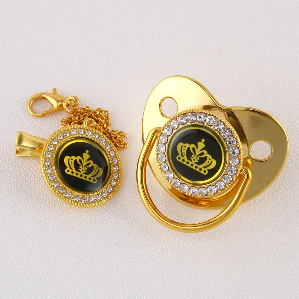 

Golden Bling Baby Pacifier And Clip Chain BPA Free Silicone Infant Pacifier Rhinestone Nipple Soother 0-18 Months Baby Shower