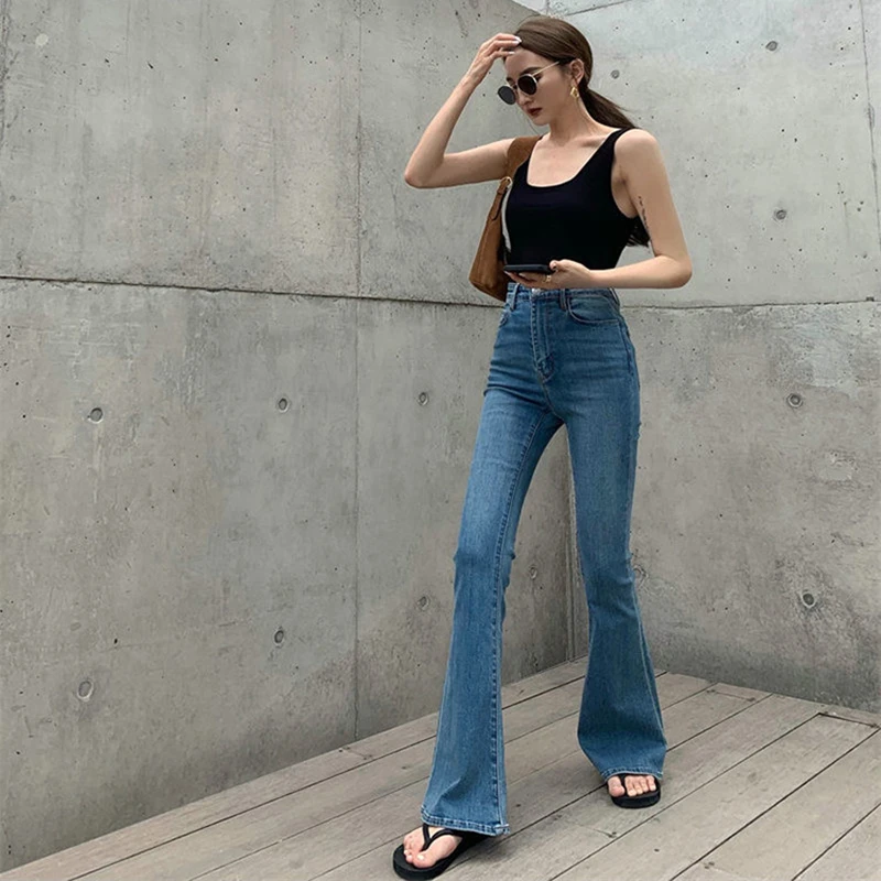 

2022 New Vintage High Waist Flare Jeans Women Chic Stretch Slim Trumpet Jeans Female Lady All-match Trouser Denim Wide Leg Pants