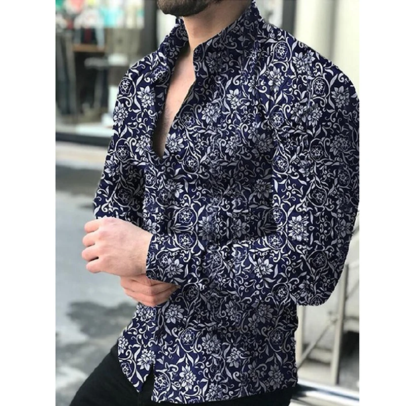 

Fashion Shirts For Men Long Sleeve Floral Print Shirt Autumn Shirts Men Dress Camisa Button Lapels Collar Male Turn Down Collar