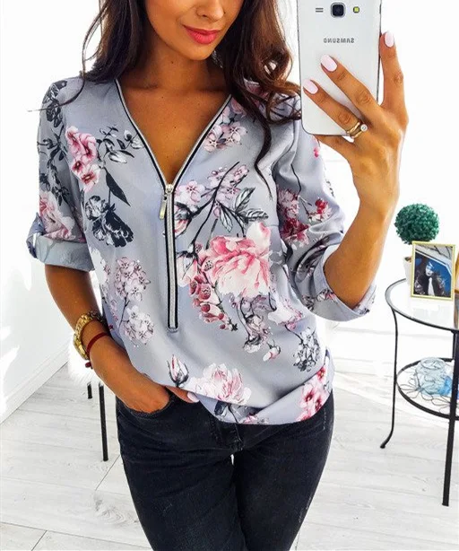 

Women Tops Blouses Elegant Long Sleeve Print V-Neck Blouse Female Work Zipper Shirts Plus Size Tops 5XL Mujer Blusa 2020 Spring