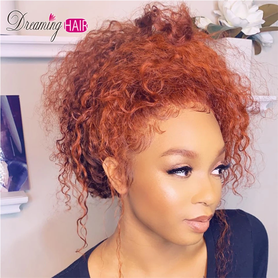 13x4 фронта шнурка человеческих волос парик короткие кудрявые оранжевый Цветной