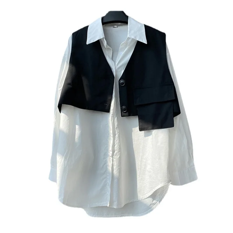 

[DEAT] Black And White Contrast Shirt Women Irregular Loose Vest And White Shirt Two Piece Suit 2021 Spring Summer GX1018
